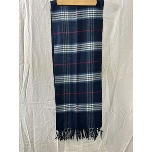 Vintage Field Manor Cashmink Scarf Blue White Red Plaid Fringe Made in Germany